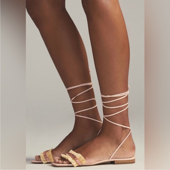 Anthropologie Jewel Embellished Tie Up Pink/Rose Raffia Square Toe Sandals Sz 40 - Picture 7 of 11